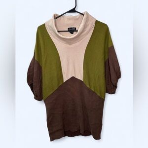 Questions by Say What Y2K Colorblock Cowl Neck Short Sleeve Sweater in Brown XL
